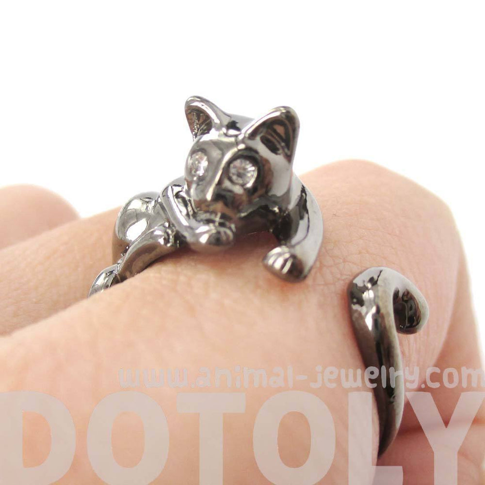 Relaxing Kitty Cat Animal Wrap Around Ring in Gunmetal Silver | US Sizes 4 to 9 Available | DOTOLY