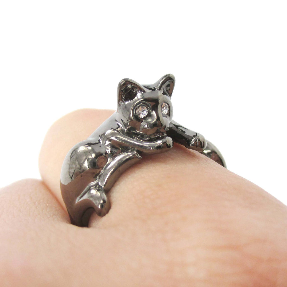 Relaxing Kitty Cat Animal Wrap Around Ring in Gunmetal Silver | US Sizes 4 to 9 Available | DOTOLY