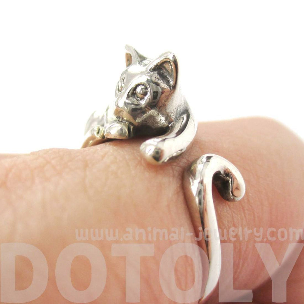 Relaxing Kitty Cat Shaped Animal Wrap Around Ring in 925 Sterling Silver | US Sizes 5 to 8.5 | DOTOLY