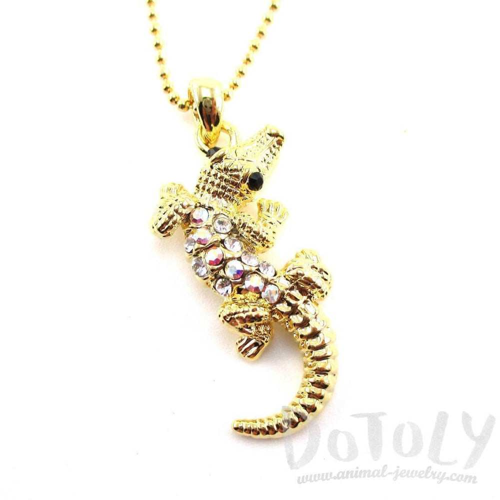 Rhinestone Crocodile Shaped Alligator Pendant Necklace in Gold | DOTOLY | DOTOLY