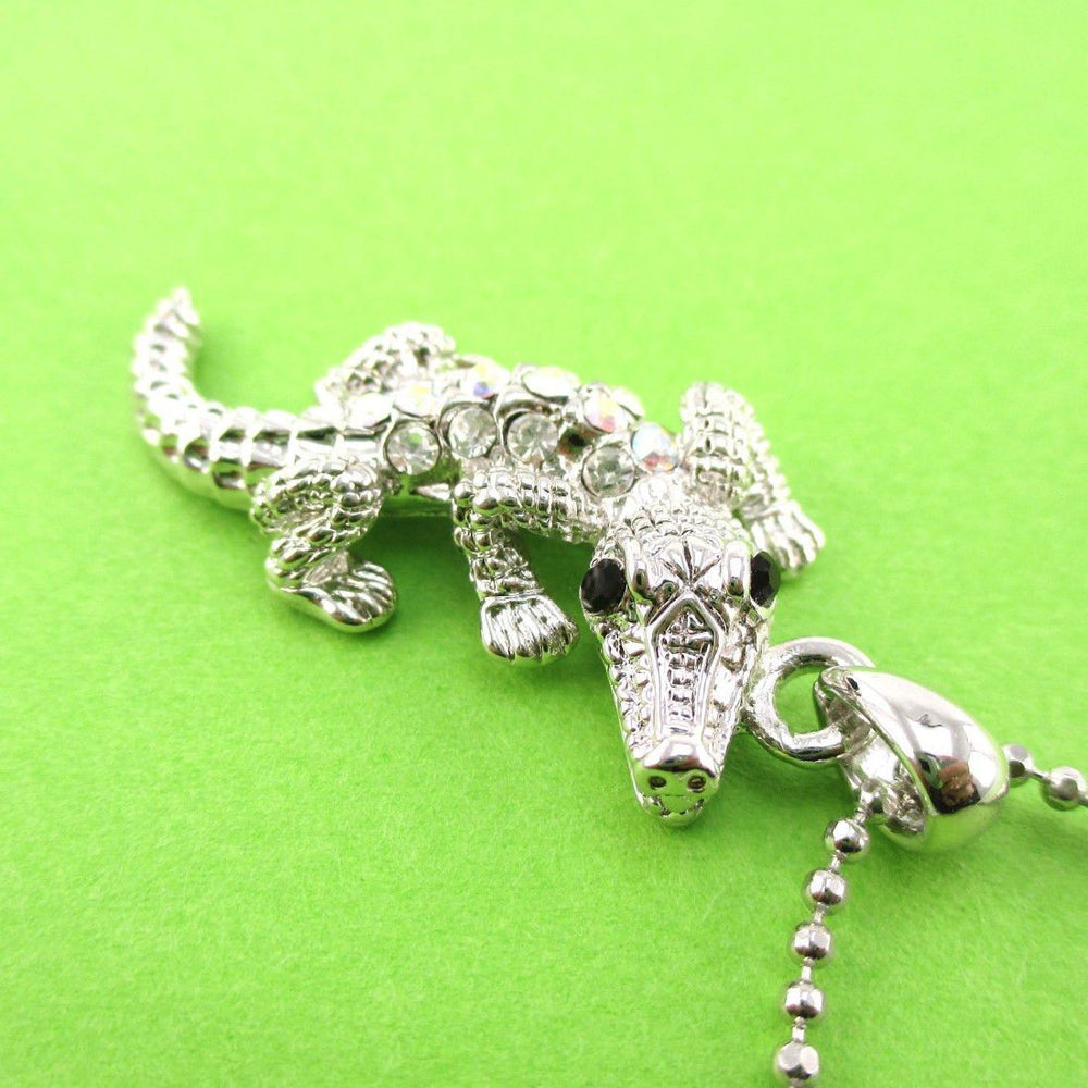 Rhinestone Crocodile Shaped Alligator Pendant Necklace in Silver | DOTOLY | DOTOLY