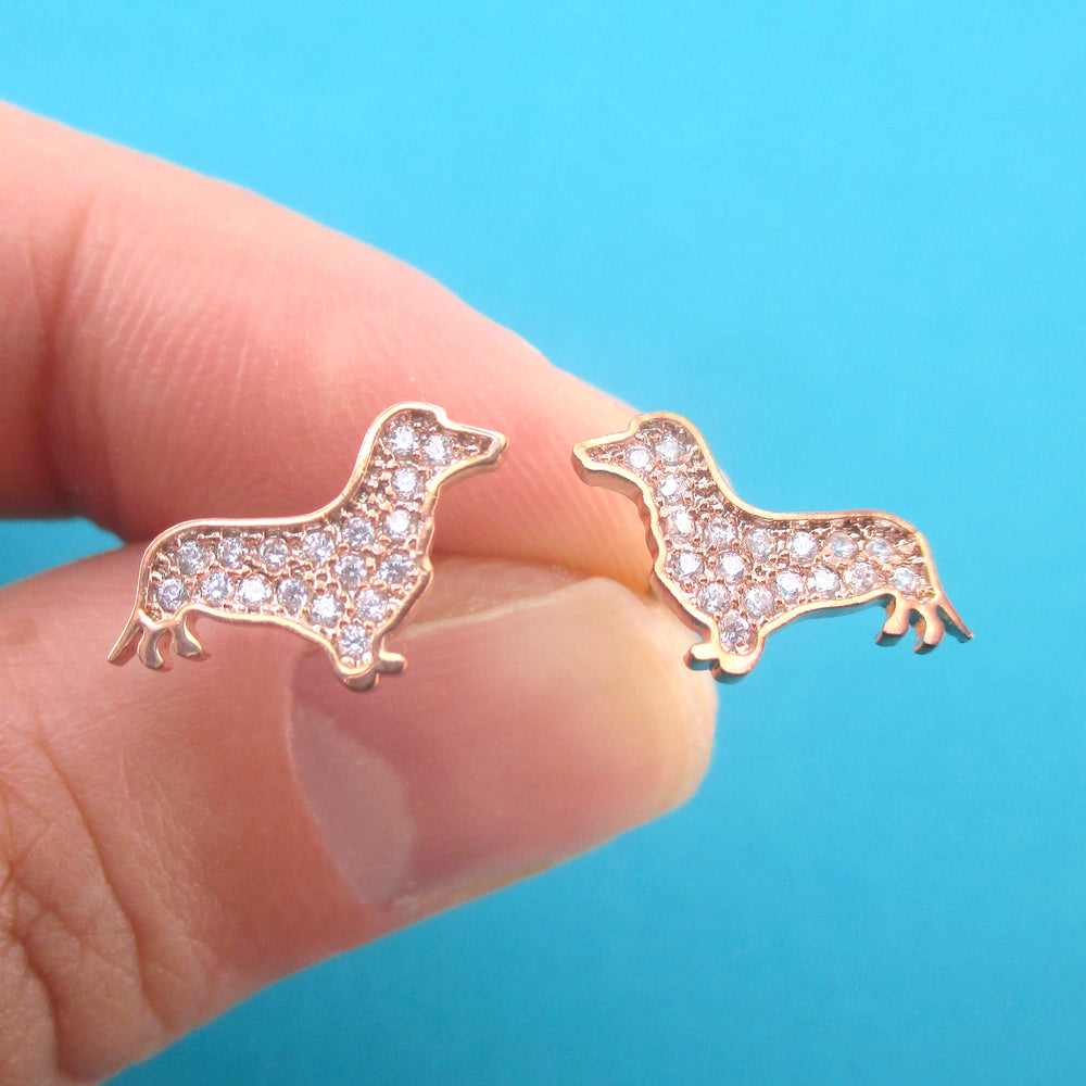 Rhinestone Dachshund Puppy Wiener Dog Shaped Silhouette Stud Earrings