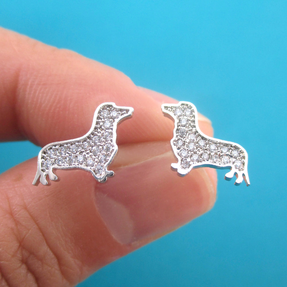 Rhinestone Dachshund Puppy Wiener Dog Shaped Silhouette Stud Earrings