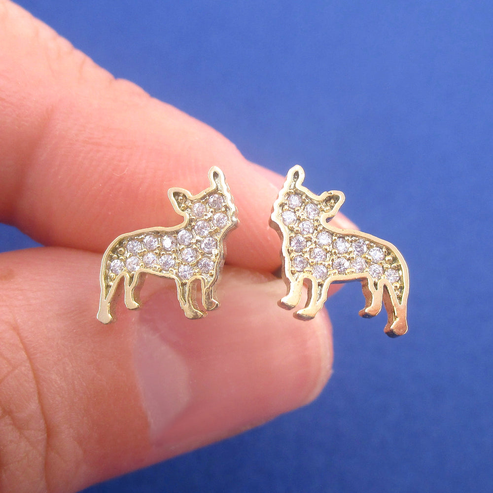 Rhinestone French Bulldog Puppy Shaped Silhouette Stud Earrings