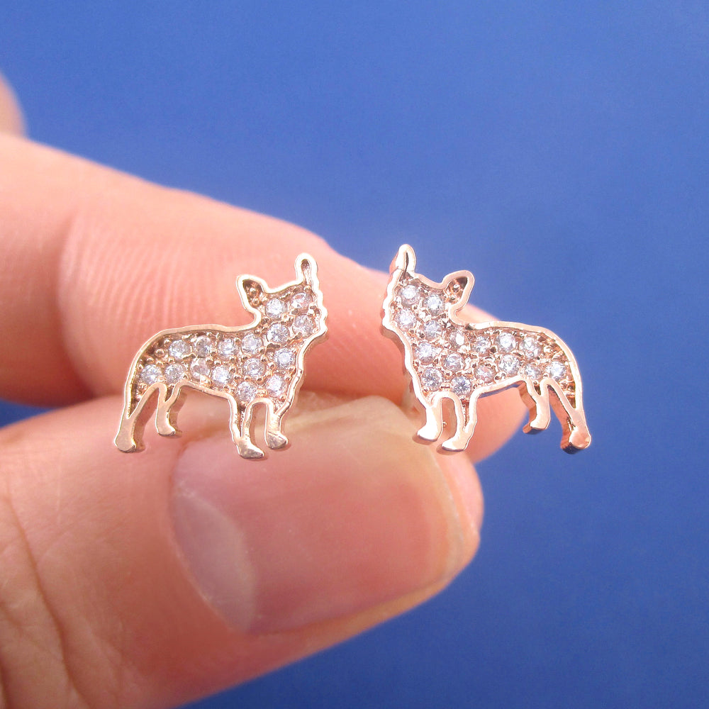 Rhinestone French Bulldog Puppy Shaped Silhouette Stud Earrings