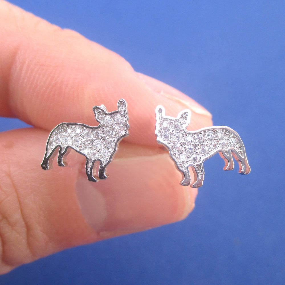 Rhinestone French Bulldog Puppy Shaped Silhouette Stud Earrings