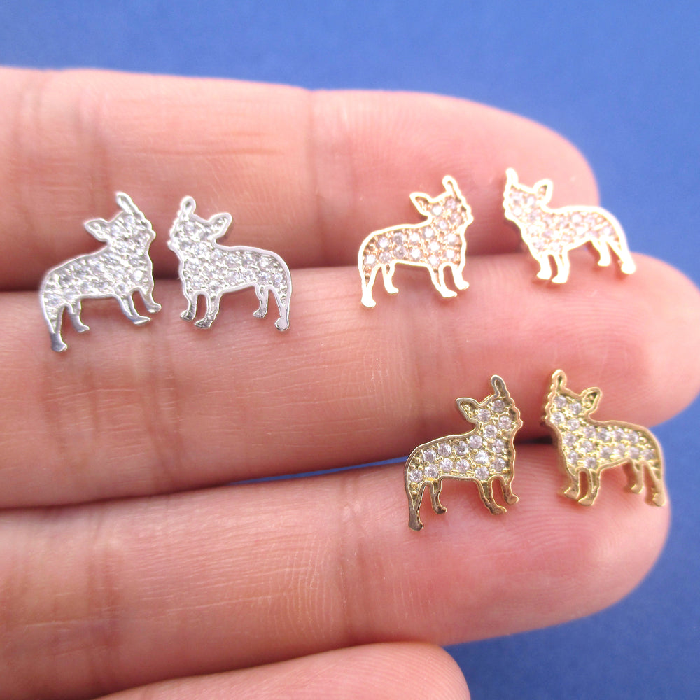 Rhinestone French Bulldog Puppy Shaped Silhouette Stud Earrings