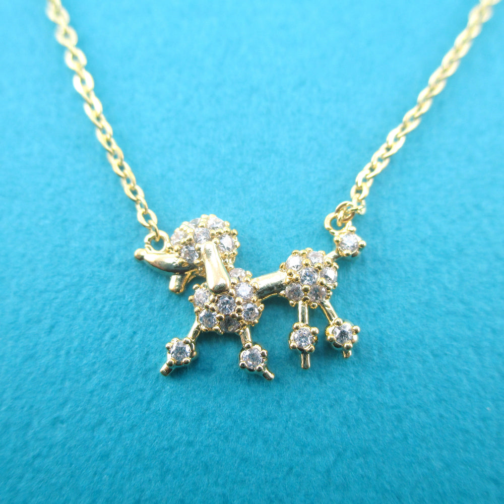Rhinestone French Poodle Dog Shaped Pendant Necklace in Gold | DOTOLY