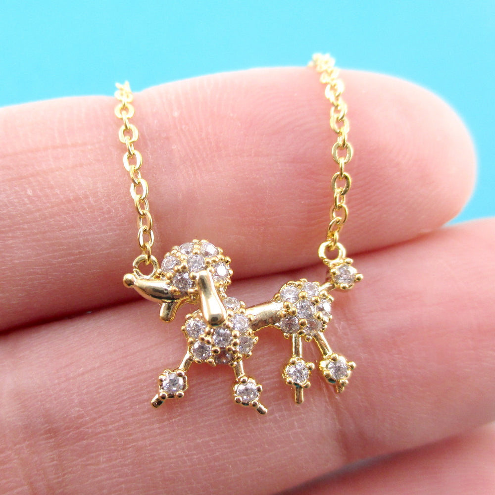 Rhinestone French Poodle Dog Shaped Pendant Necklace in Gold | DOTOLY