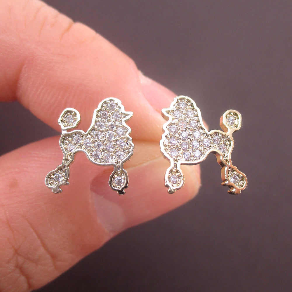 Rhinestone French Poodle Puppy Shaped Silhouette Stud Earrings