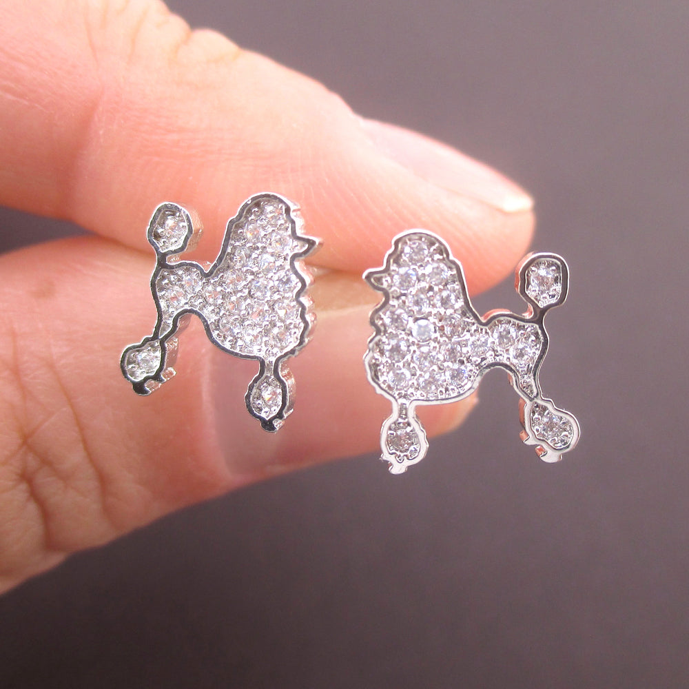 Rhinestone French Poodle Puppy Shaped Silhouette Stud Earrings