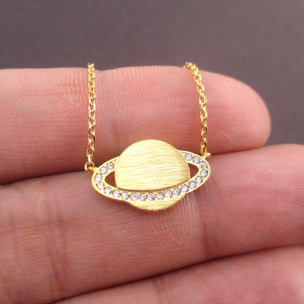 Rhinestone Planet Saturn Shaped Pendant Necklace in Gold 