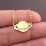 Rhinestone Planet Saturn Shaped Pendant Necklace in Gold 