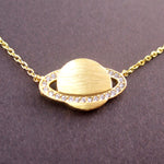 Rhinestone Planet Saturn Shaped Pendant Necklace in Gold 