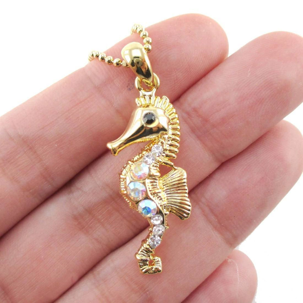 Rhinestone Seahorse Shaped Charm Necklace in Gold | Animal Jewelry | DOTOLY