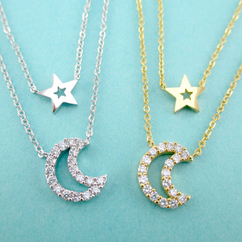 Rhinestone Star Crescent Moon Shaped Multi-Strand Two Layered Necklace