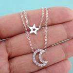 Rhinestone Star Crescent Moon Shaped Multi-Strand Two Layered Necklace in Silver