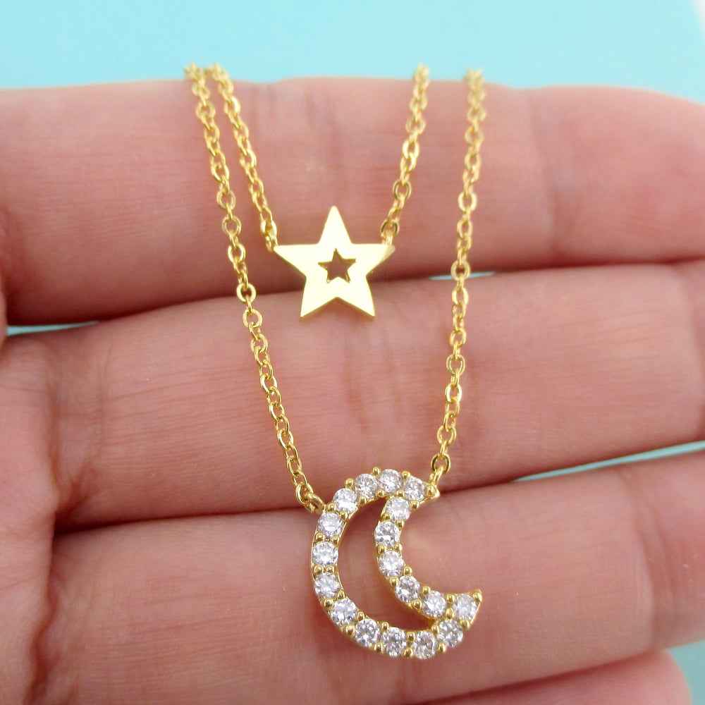 Rhinestone Star Crescent Moon Shaped Multi-Strand Two Layered Necklace in Gold