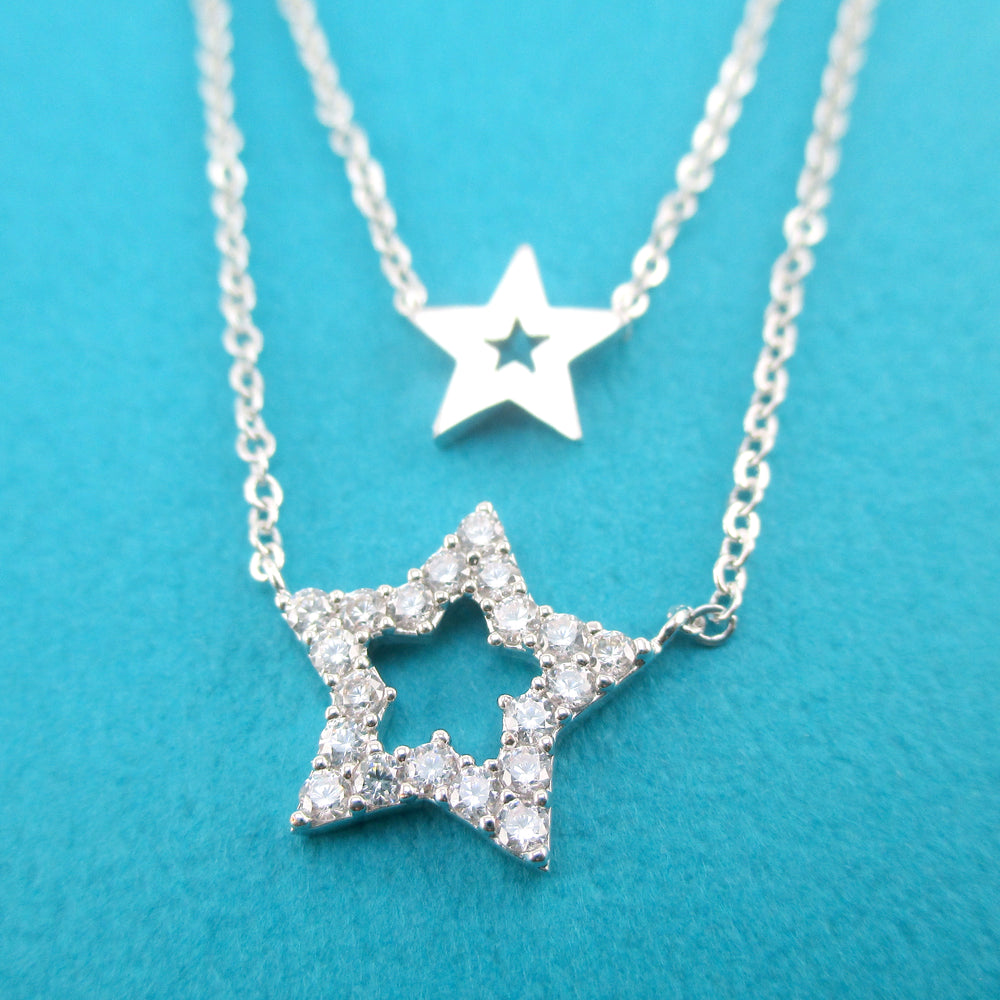 Rhinestone Star Shaped Multi-Strand Two Layered Pendant Necklace