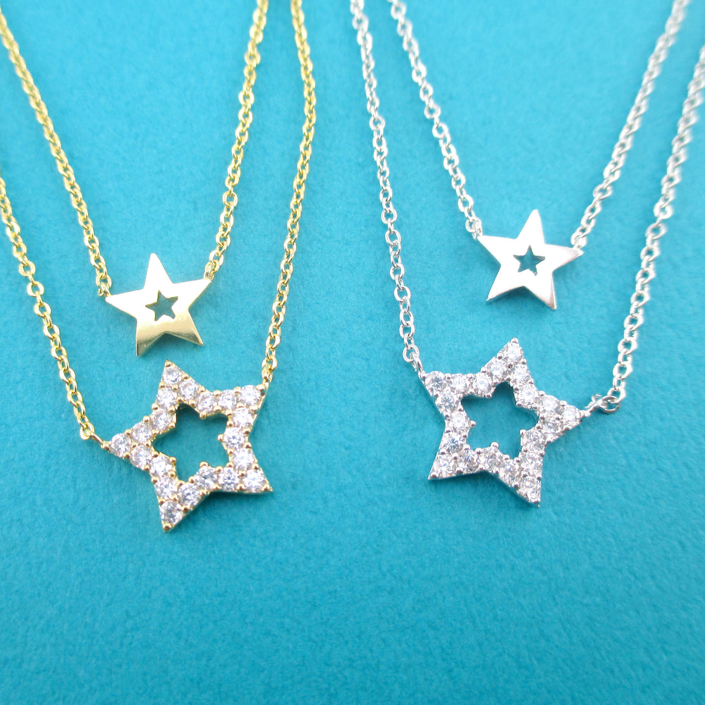 Rhinestone Star Shaped Multi-Strand Two Layered Pendant Necklace
