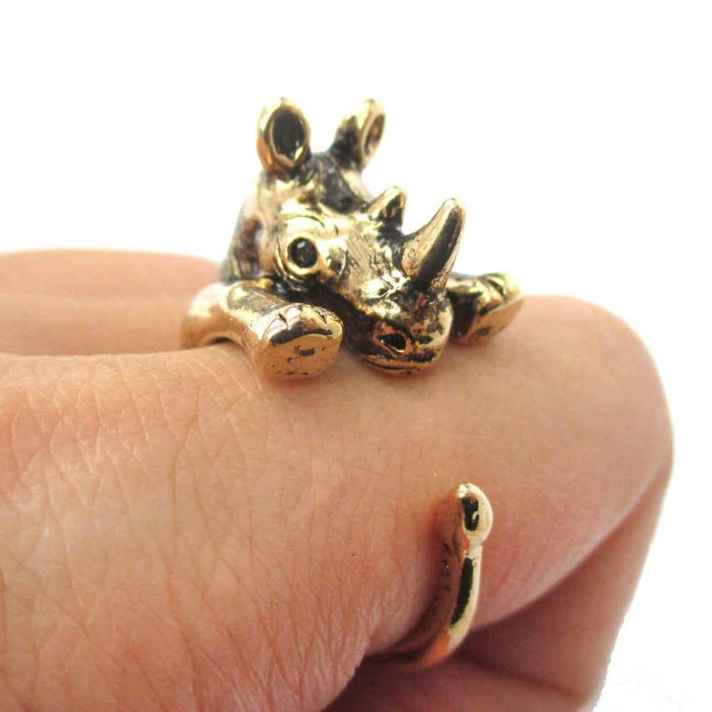 Rhino Rhinoceros Animal Wrap Around Ring in Shiny Gold | US Size 5 to 10 Available | DOTOLY