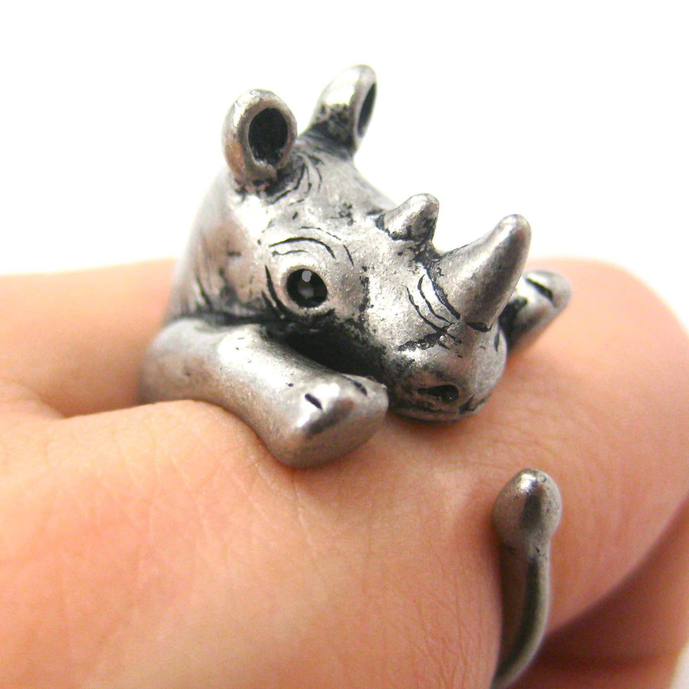 Rhino Rhinoceros Animal Wrap Around Ring in Silver - Size 5 to 10 | DOTOLY