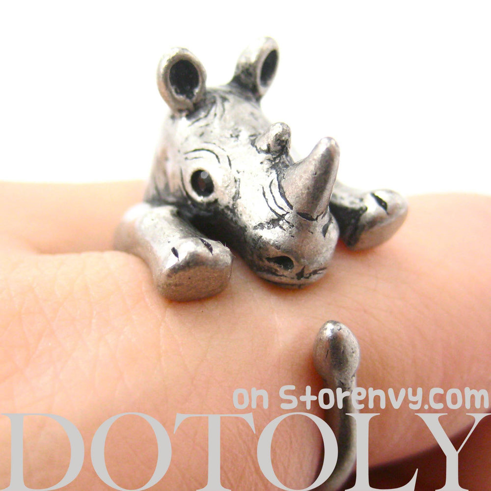 Rhino Rhinoceros Animal Wrap Around Ring in Silver - Size 5 to 10 | DOTOLY