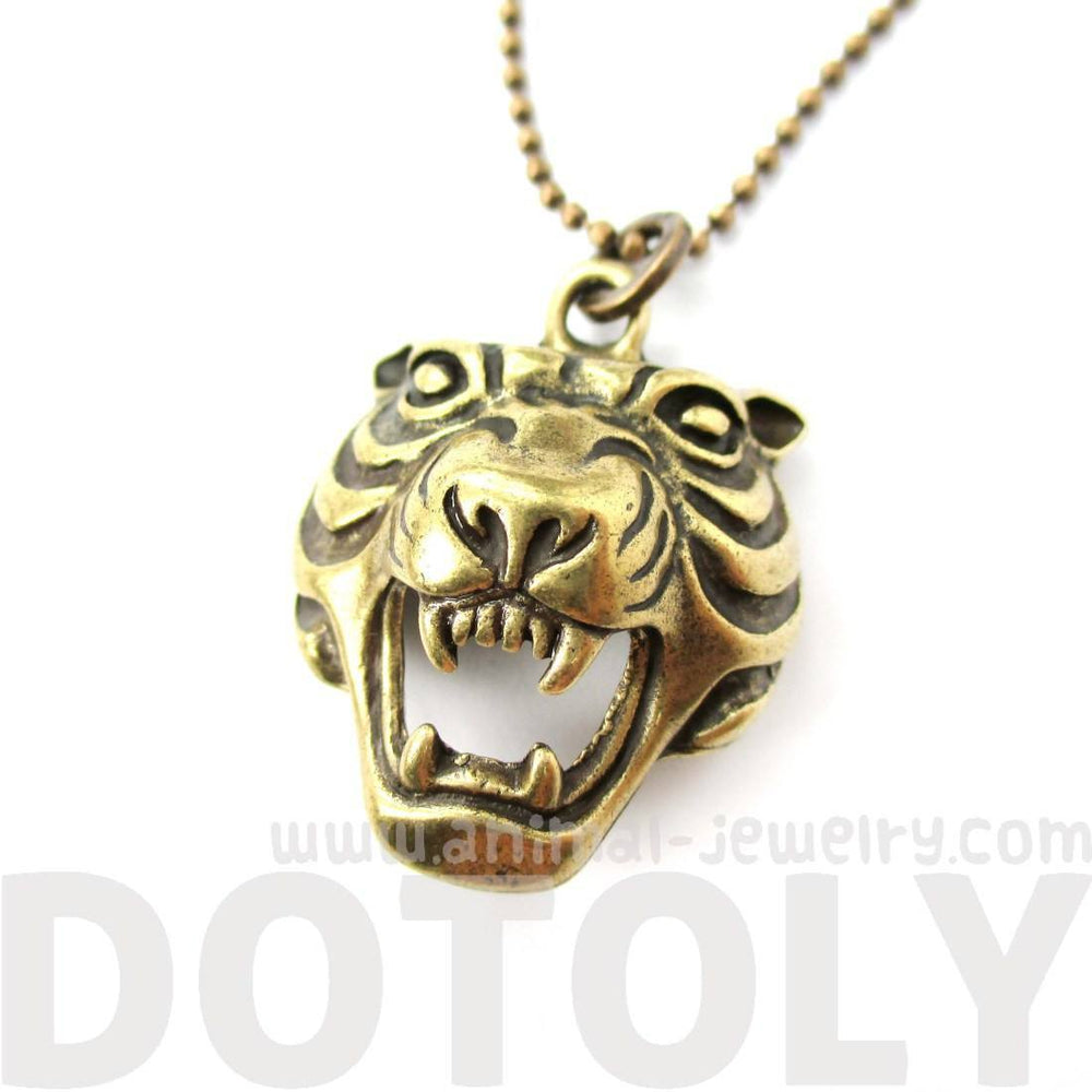 Roaring Tiger Face Shaped Animal Inspired Pendant Necklace in Brass | DOTOLY | DOTOLY