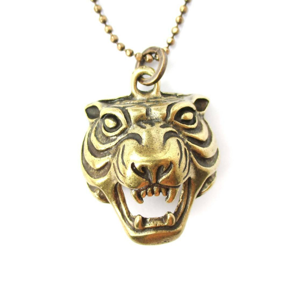 Roaring Tiger Face Shaped Animal Inspired Pendant Necklace in Brass | DOTOLY | DOTOLY