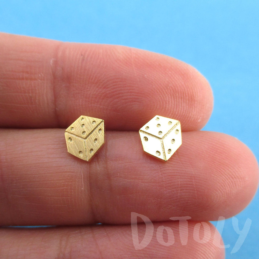 Rolling Dices Lucky Dice Shaped Allergy Free Stud Earrings in Gold
