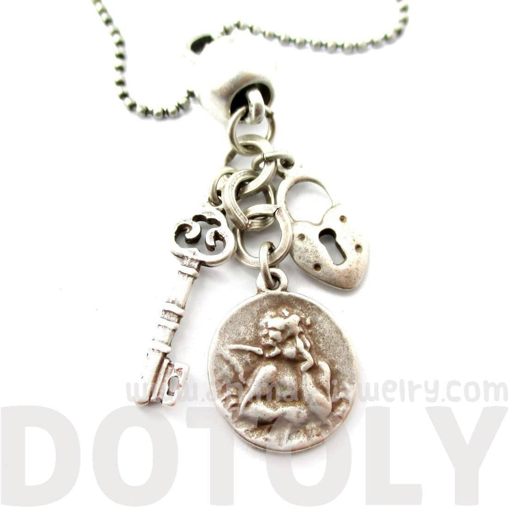 Romantic Themed Skeleton Key Heart Shaped Lock and Angel Coin Shaped Charm Necklace in Silver | DOTOLY