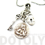 Romantic Themed Skeleton Key Heart Shaped Lock and Angel Coin Shaped Charm Necklace in Silver | DOTOLY