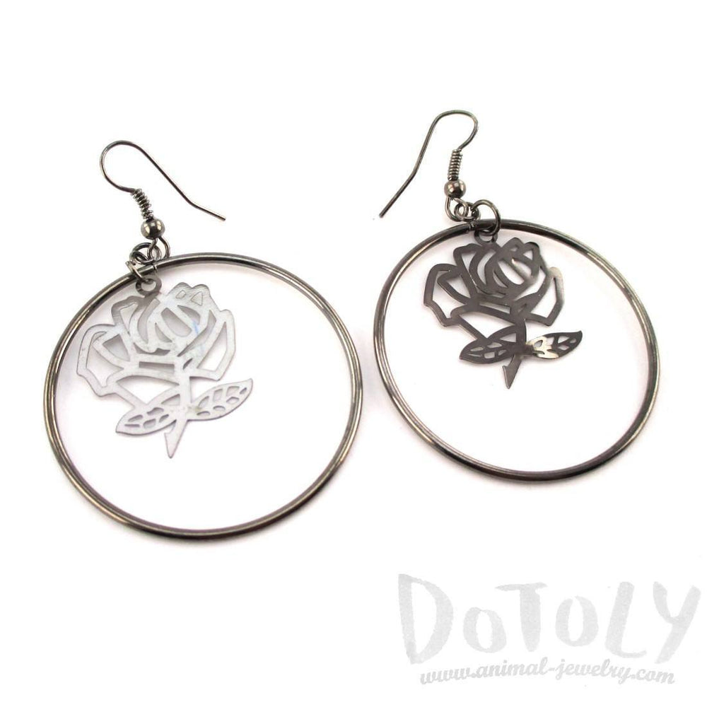 Rose Floral Filigree Cut Out Hoop Drop Earrings in Silver | DOTOLY | DOTOLY