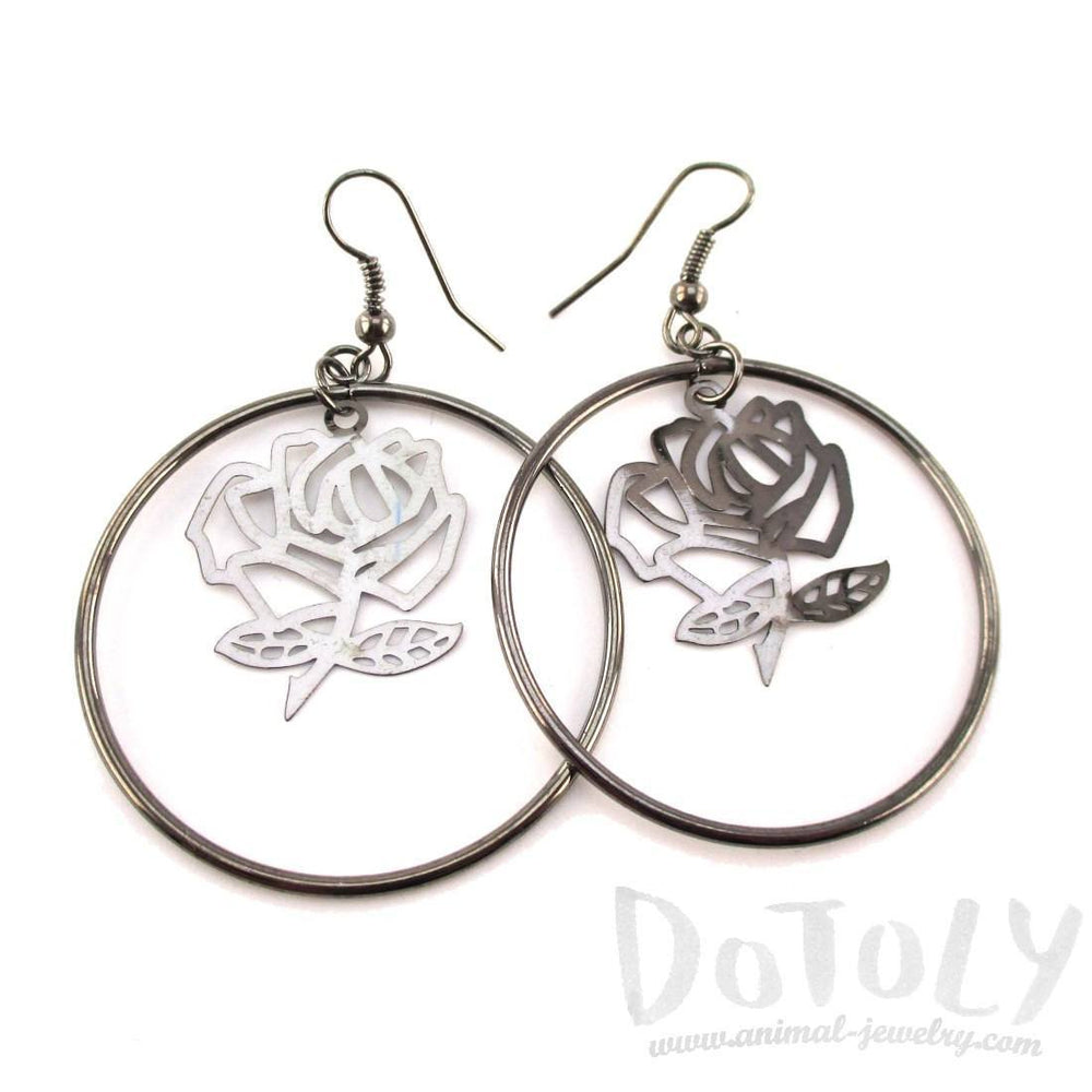 Rose Floral Filigree Cut Out Hoop Drop Earrings in Silver | DOTOLY | DOTOLY