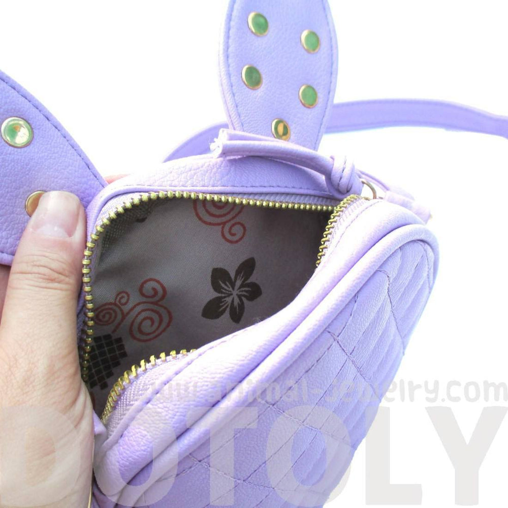 Round Bunny Rabbit Ears Shaped Quilted Cross Body Shoulder Bag in Purple with Studs | DOTOLY