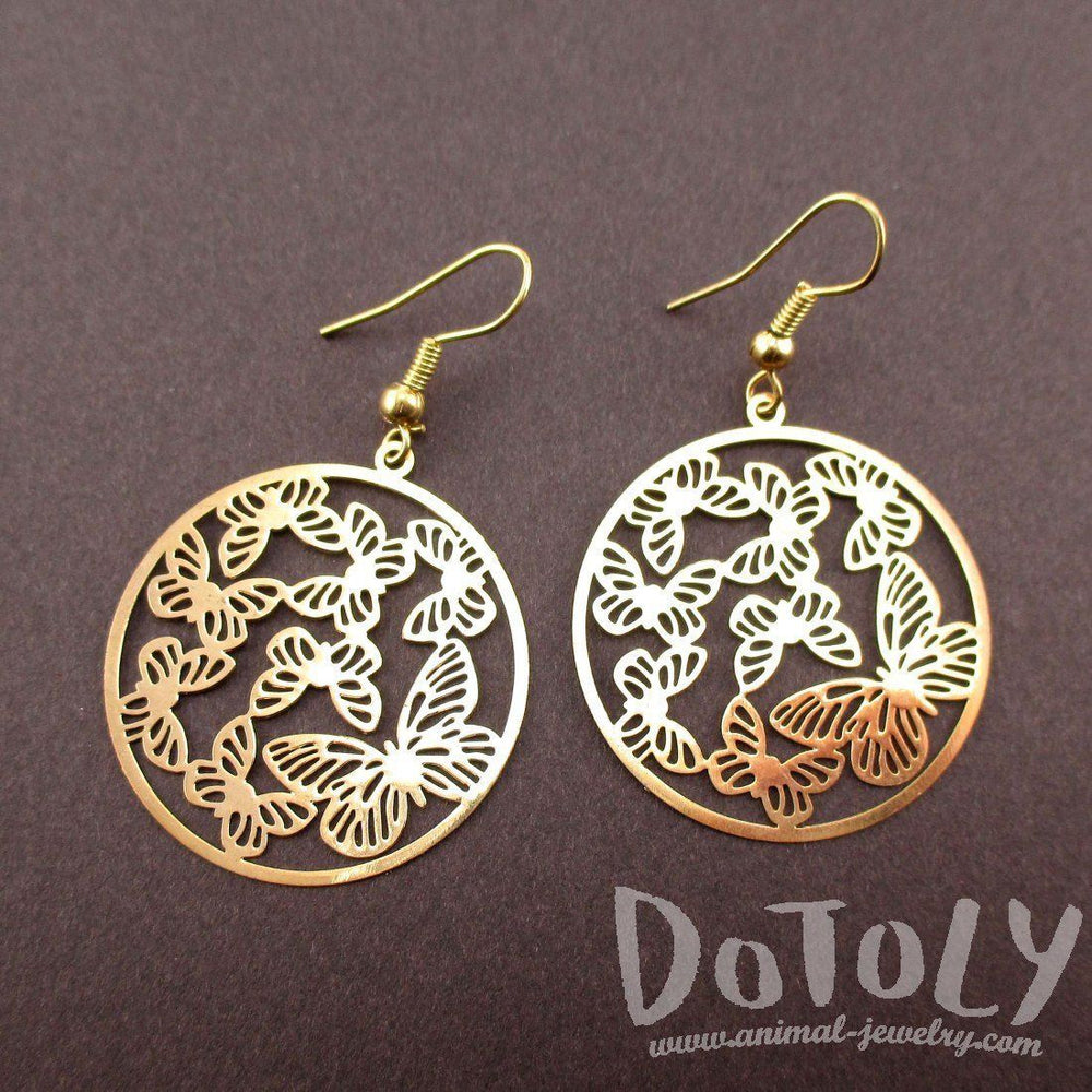 Round Butterfly Pattern Filigree Cut Out Shaped Dangle Earrings in Gold | DOTOLY | DOTOLY