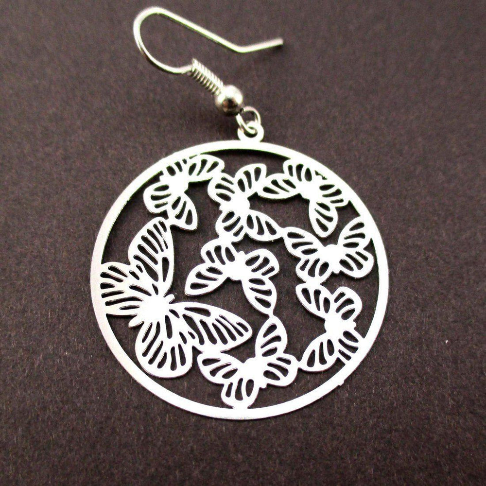Round Butterfly Pattern Filigree Cut Out Shaped Dangle Earrings in Silver | DOTOLY | DOTOLY