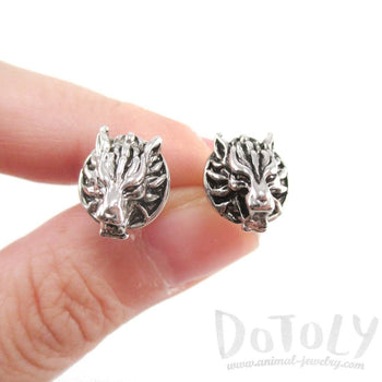 Round Dragon Face Animal Themed Stud Earrings in Silver | DOTOLY | DOTOLY