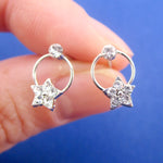 Round Hoop Drop Stud Earrings with Stars and Rhinestone Detail in Silver