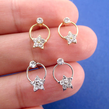 Round Hoop Drop Stud Earrings with Stars and Rhinestone Detail
