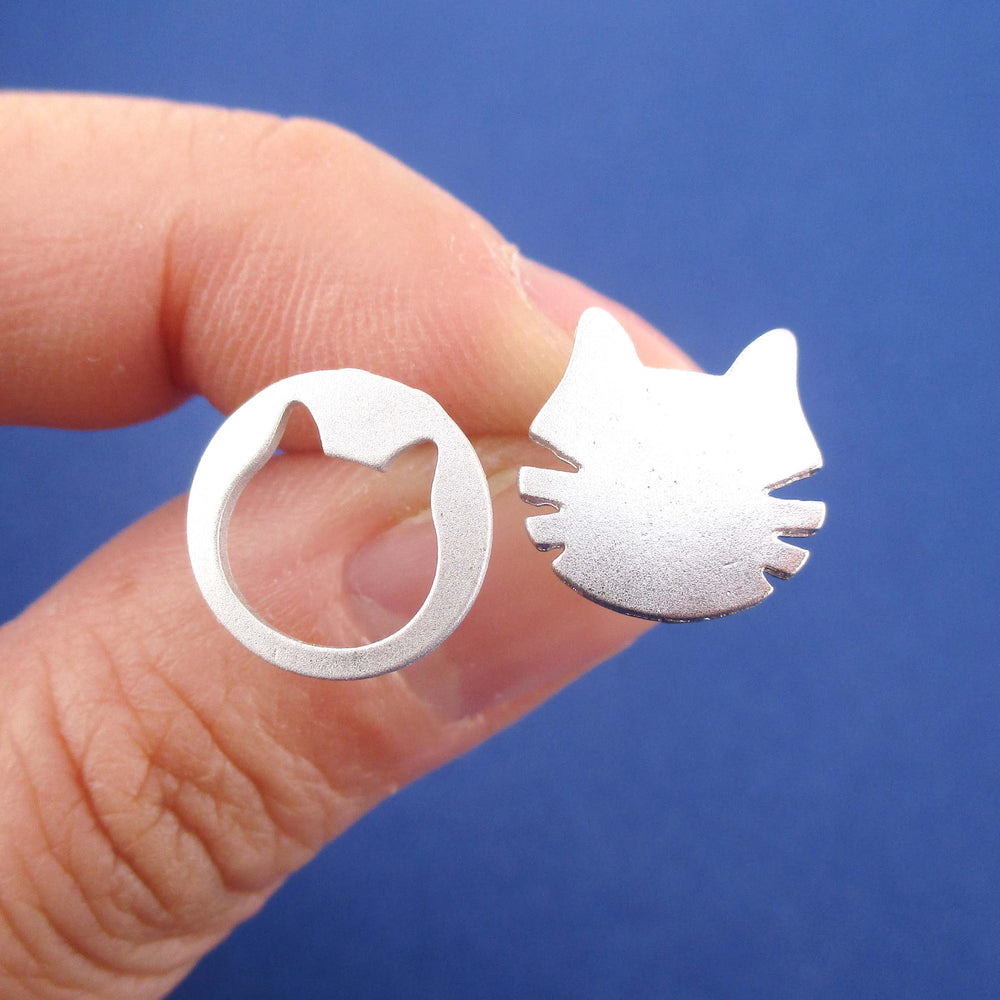 Round Kitty Cat Face Shaped Mix & Match Stud Earrings in Silver