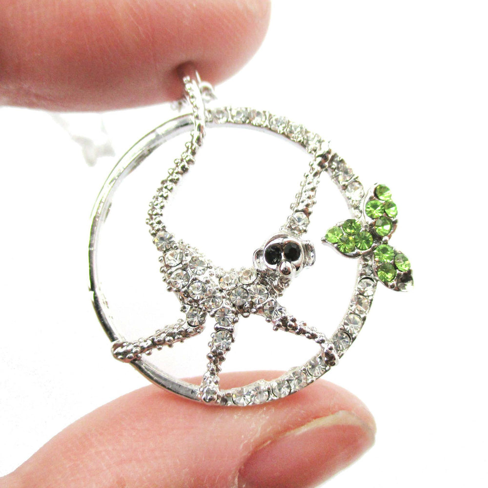 Round Monkey Shaped Animal Pendant Necklace in Silver with Rhinestones | DOTOLY