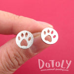 Round Paw Print Cut Out Shaped Stud Earrings in Silver | Animal jewelry