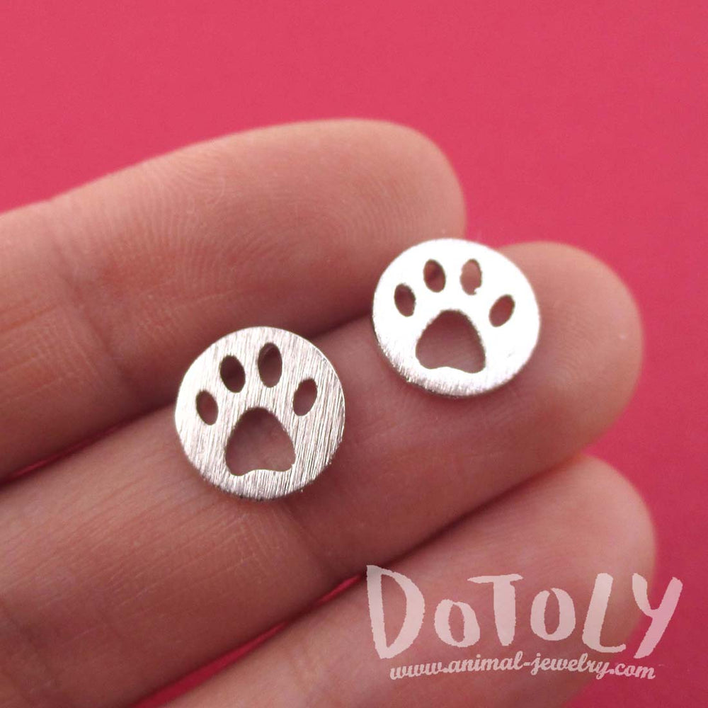 Round Paw Print Cut Out Shaped Stud Earrings in Silver | Animal jewelry