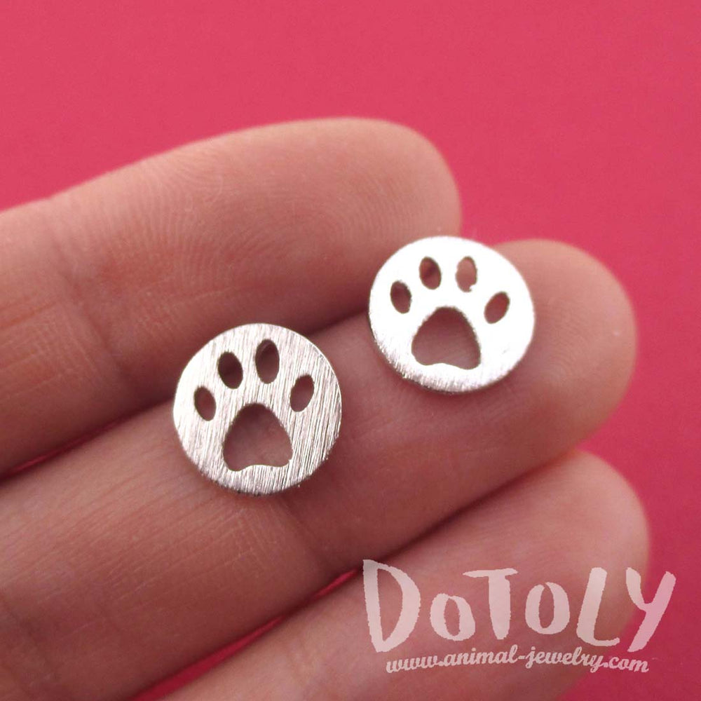 Round Paw Print Cut Out Shaped Stud Earrings in Silver | Animal jewelry
