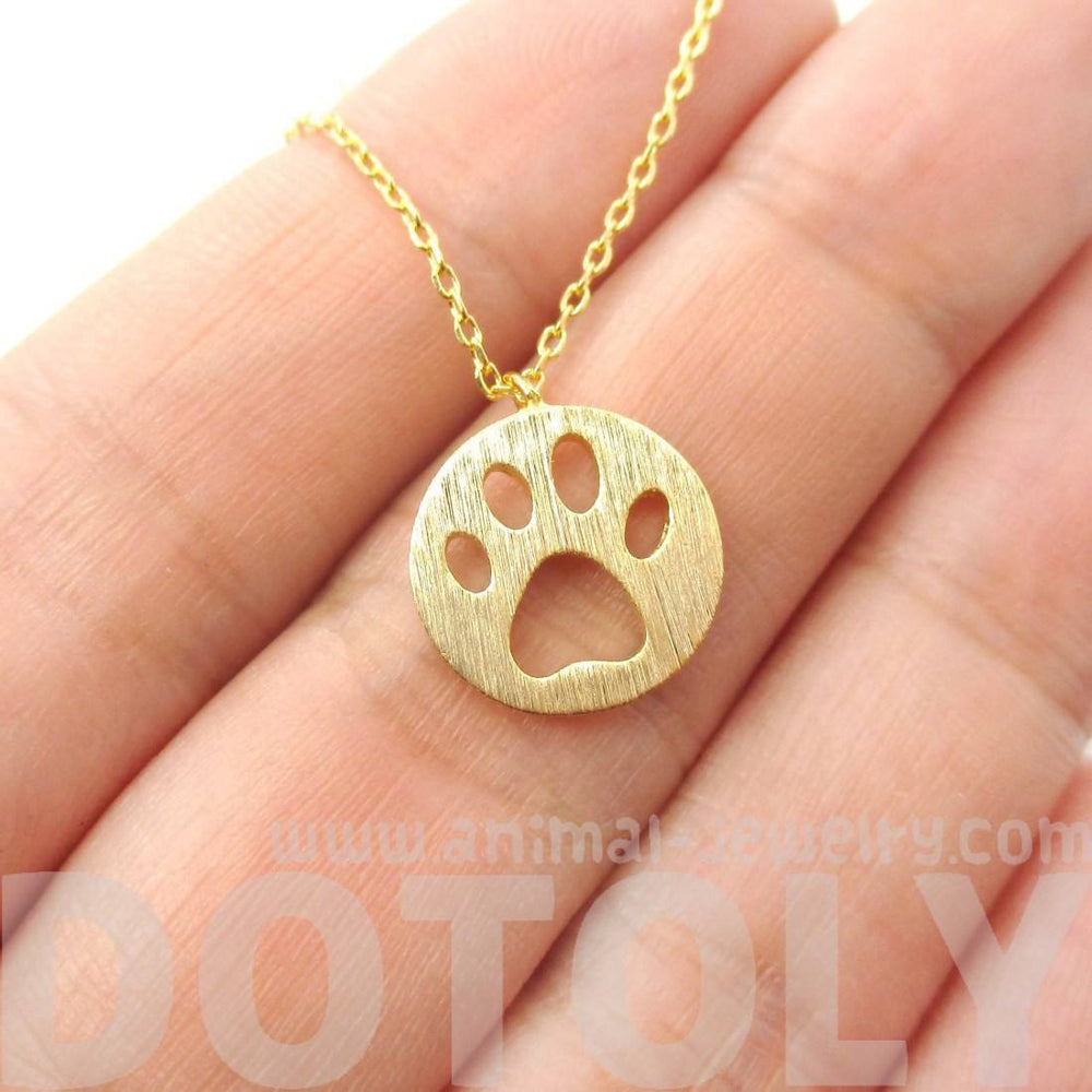 Round Puppy Paw Print Cut Out Shaped Pendant Necklace in Gold DOTOLY