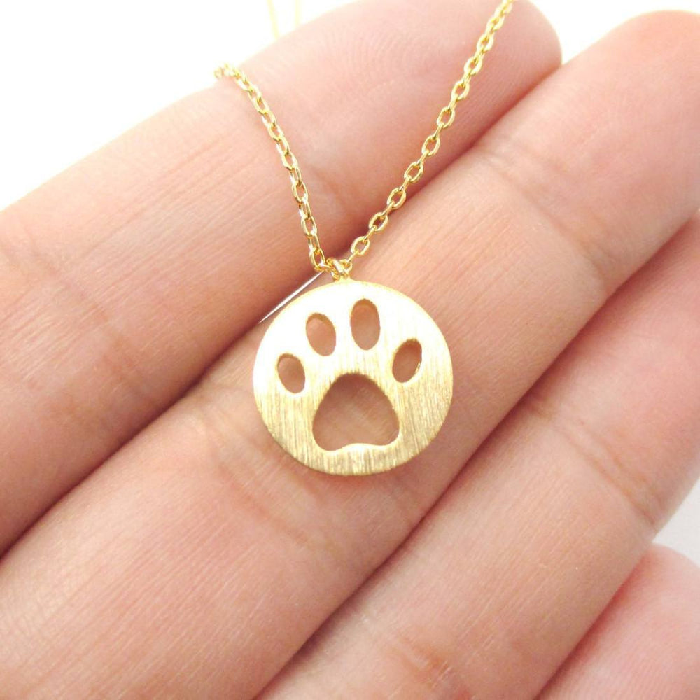 Round Puppy Paw Print Cut Out Shaped Pendant Necklace in Gold DOTOLY