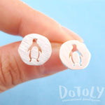 Round Silver Stud Earrings with Penguin Silhouette Cut Out in Silver | Allergy Free | DOTOLY