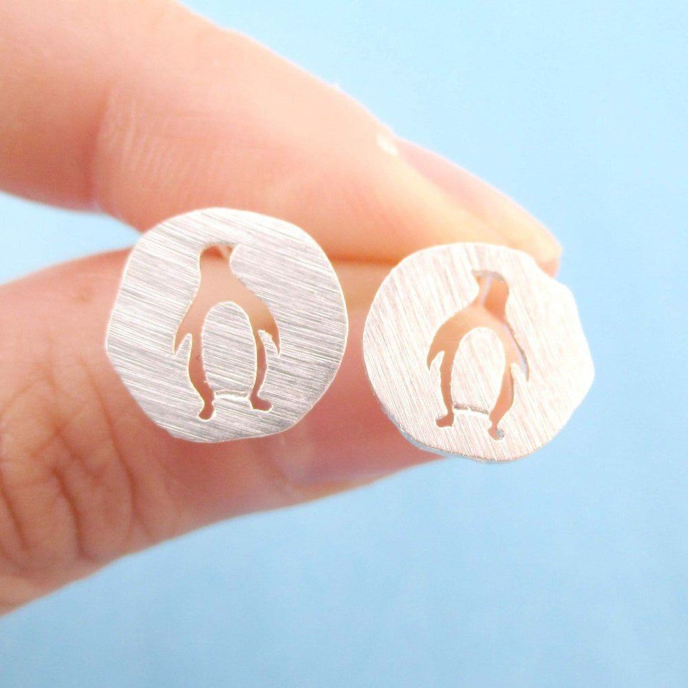 Round Silver Stud Earrings with Penguin Silhouette Cut Out in Silver | Allergy Free | DOTOLY