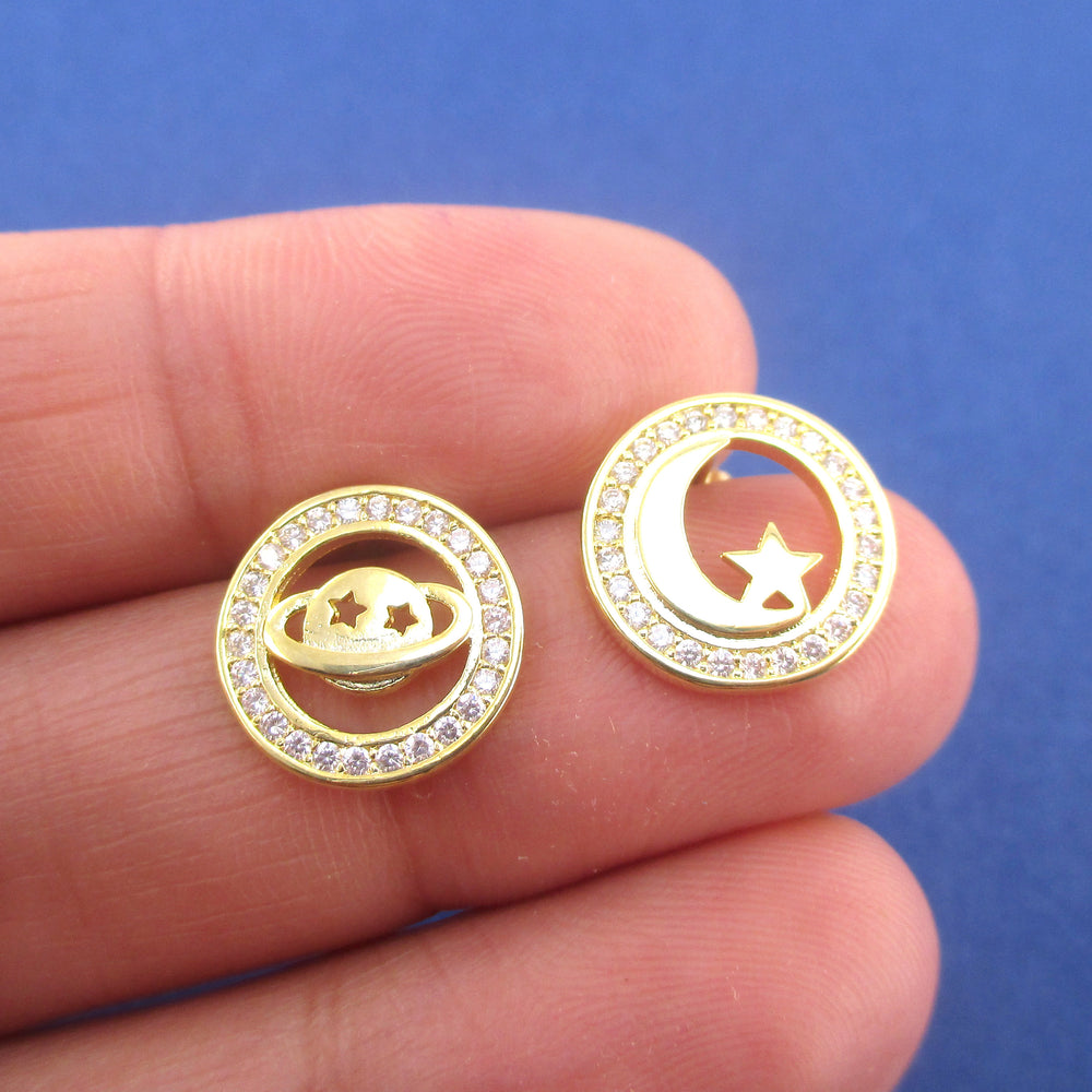 Round Space Themed Saturn Moon and Stars Rhinestone Stud Earrings in Gold